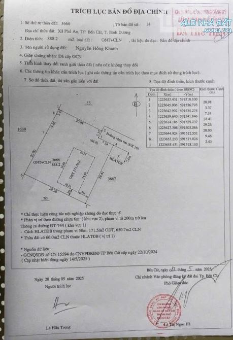 888m2 đất phú an bến cát, mt dx 16 nhựa, chỉ còn 4,2 tỏi