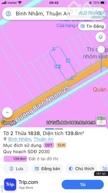Bán đất mặt tiền Bình Nhâm 25 Ngang 7m cực đẹp