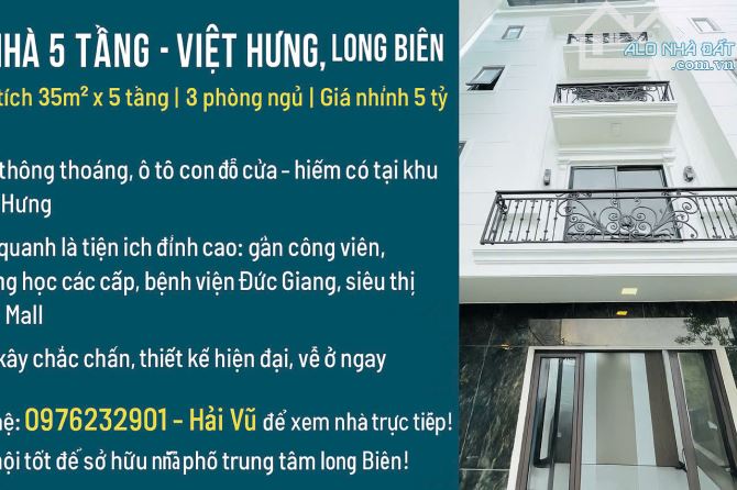 BÁN NHÀ 5 TẦNG - 35M2 - VIỆT HƯNG - LONG BIÊN - NGÕ THÔNG - XE CON ĐỖ CỬA - NHỈNH 5 TỶ