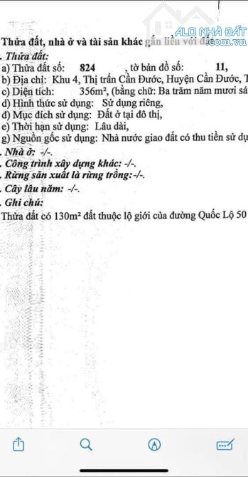 Hàng hiếm 356m đất mặt tiền QL50 Thị trấn Cần Đước