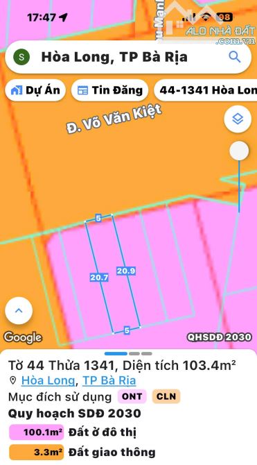 Dt: 5x20,8 Giá 4tỷ490 triệu, Đường Lớn Võ Văn Kiệt, Thành Phố Bà Rịa cần bán