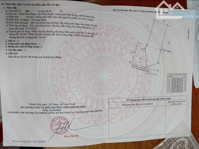 Bán lô đất thôn Phú Thạnh - xã Vĩnh Thạnh, thành phố Nha Trang, chiều ngang 6 mét