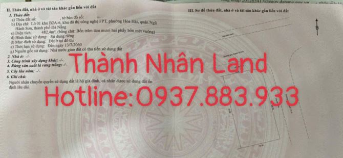 LÔ GÓC ĐƯỜNG 33m HOÀNG MINH THẮNG, KĐT FPT, CẠNH FPT PLAZA 4 GẦN 500m2, MT 16m, GIÁ 4X TỶ - 6
