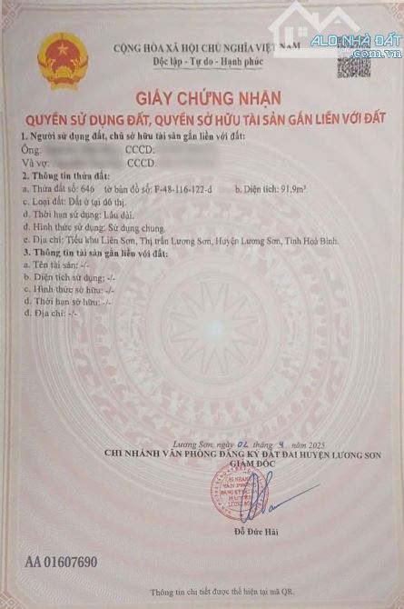 92m Full ODT. mặt tiền 4.6m, sâu 20m. tại TT Lương Sơn. giá chỉ hơn 2 tỉ - 7