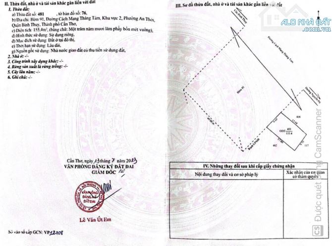 (Chủ gửi) Bán nền mặt tiền hẻm 91 cũ đường CMT8, P. An Thới, Q. Bình Thuỷ, TPCT