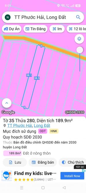 Tt Phước Hải: - Mặt tiền đường bê tông ô tô-khu dân cư,dt 190m2-5x38m-60 thổ cư-giá 790tr - 1