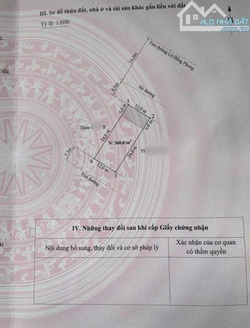 Bán đất mặt đường Lê Hồng Phong 360m2, ngang: 12m, 2 mặt tiền; Đối diện Ủy ban Quận Hải An