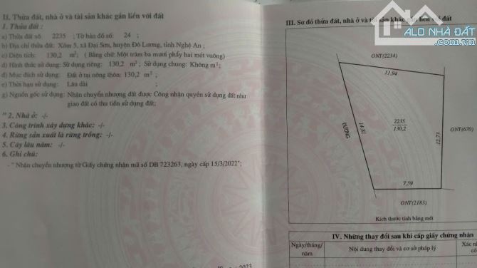 Cần bán 130m2 đất,oto 4 chỗ vào tận đất, giá rẻ bao sang tên tại Đại Sơn, Đô Lương,Nghệ An