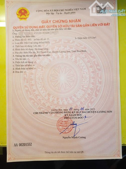 BÁN ĐẤT THANH CAO-LƯƠNG SƠN-HÒA BÌNH DT 555M2 FULL TC GIÁ CHỈ NHỈNH 3TR/M2 - 1