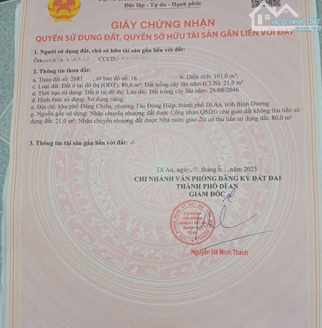 Cần bán lô đất sổ riêng đường nhựa ô tô thông Tân Đông Hiệp dĩ an.bd.