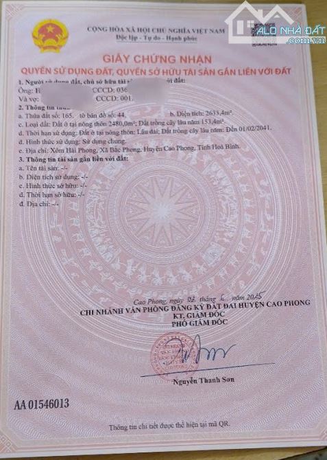 Cần bán lô đất 2633m - có 2480m đất ở - giá 4,x tỷ - sẵn vườn trồng cây ăn quả - 5