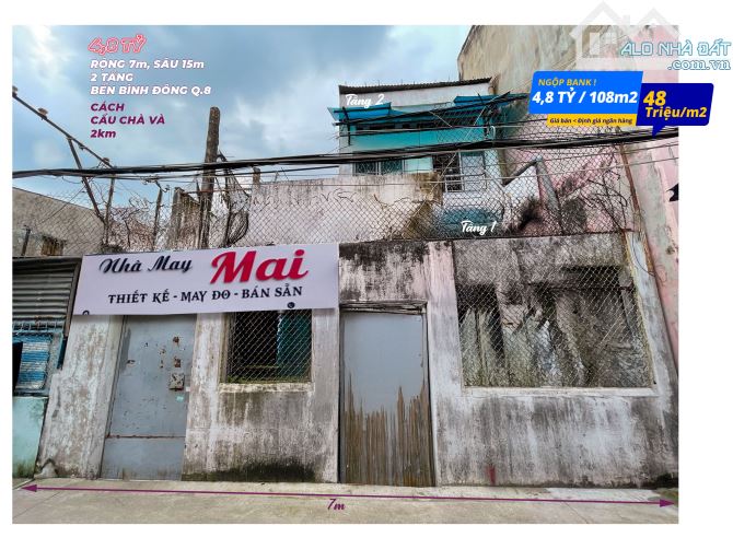 CHỈ 4,8 TỶ (50 Triệu/m2) NHÀ 2 TẦNG 7x15m ~ 95m2 Đ. BÌNH ĐÔNG QUẬN 8