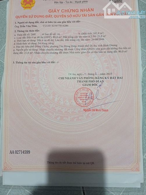 Cần bán gấp đất sổ riêng đường nhựa ô tô Tân Đông Hiệp TP dĩ an bd