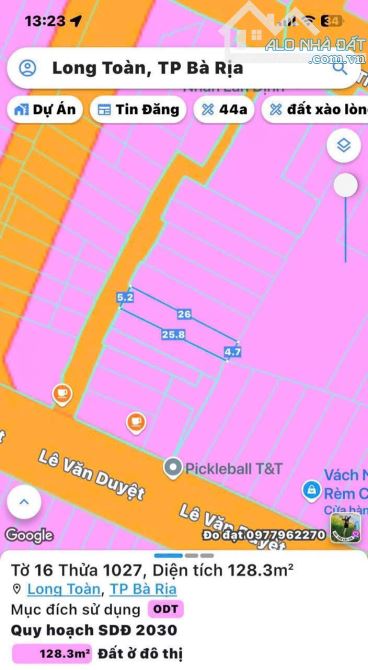 Bán đất nhánh đường Lê Văn Duyệt,P.Long Toàn,Bà Rịa- Giá bán: 2,5 tỷ; TDT: 128m2