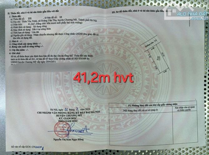 CHÍNH CHỦ GỬI BÁN GẤP LÔ ĐẤT THỔ CƯ FULL 41,2m² TẠI THÔN YÊN TRÌNH - HOÀNG VĂN THỤ - CHƯƠN