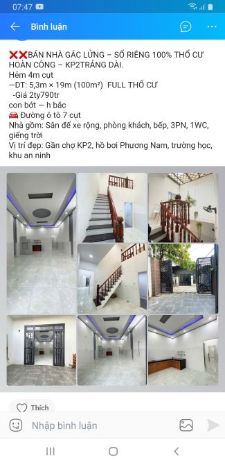 Nhà gác đúc khu phố 2,Trảng dài,Biên Hòa,Đồng Nai,dt 100m,giá 2 tỷ 790 triệu