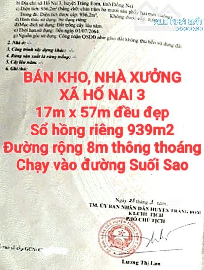 BÁN ĐẤT, KHO, NHÀ XƯỞNG XÃ HỐ NAI 3 SỔ HỒNG RIÊNG, ĐƯỜNG RỘNG 8m THÔNG THOÁNG