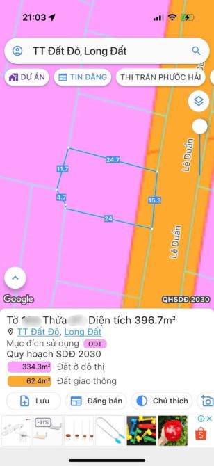 MẶT TIỀN KINH DOANH ĐƯỜNG SỐ 3 LÊ DUẨN TT ĐẤT ĐỎ BRVT ĐT 396,7m2 15x24 có sẵn 226m2 thổ cư - 1