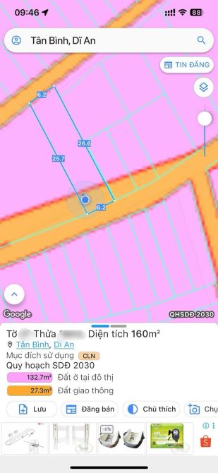 Đất khu phố Tân Phước, phường Tân Bình, TP Dĩ An. 2,5 tỷ - 4