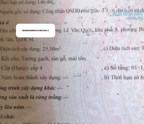 Bán nhà Lê Văn Qưới, 26m2, hẻm 4 m, giá 2,85tỷ. Sổ hồng riêng