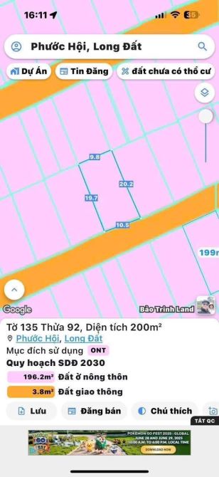 ĐẤT BIỂN Lộc AN - Hồ tràm - BRVT-dt 200m2-ngang 10m, có nhà cấp 4, sổ sẵn, giá 2tyx - 2