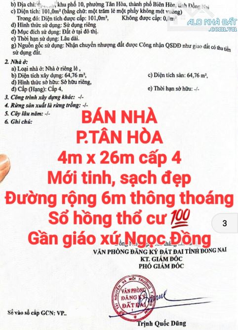 BÁN NHÀ TÂN HÒA MỚI ĐẸP, SỔ THỔ CƯ, ĐƯỜNG RỘNG 6m, GẦN GIÁO XỬ NGỌC ĐỒNG