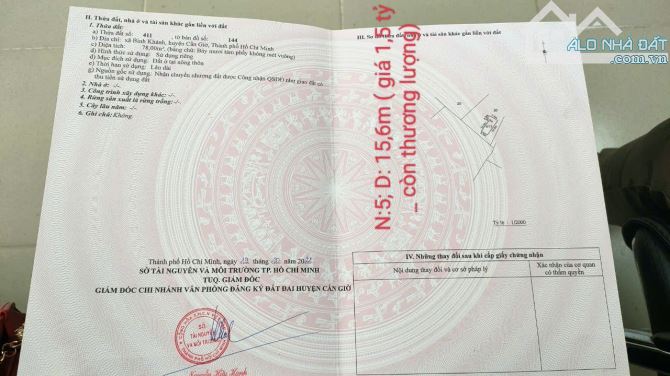 Cần bán đất thổ cư DT 78m thổ cư. Vị trí xã Bình Khánh cần giờ TP HCM,