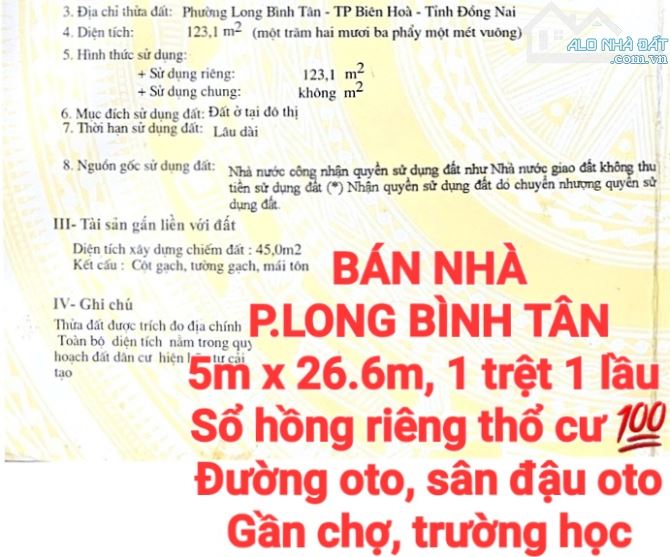 BÁN NHÀ LONG BÌNH TÂN, 1TRỆT 1LẦU, SỔ HỒNG THỔ CƯ, ĐƯỜNG OTO SÂN OTO