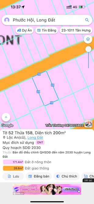 Bán đất gần bãi biển Lộc An ( Xã Phước Hải, TP HCM ) DT 10x20 full thổ cư, giá 2.9 tỷ - 3