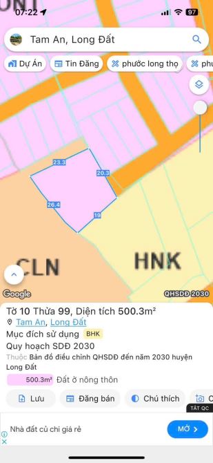 MỘT LÔ ĐẤT KHU DÂN CƯ ĐÔNG ĐÚC  XÃ LONG ĐIỀN - BRVT  Dt 500 m 20 x23 nở hau 26 m  Giá 1ty9 - 4