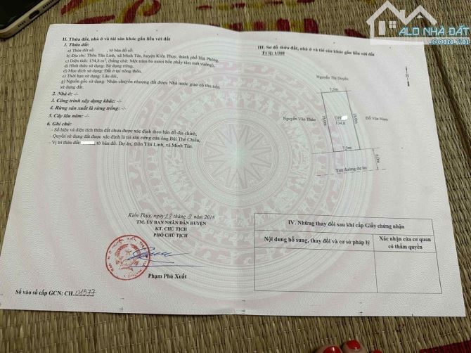 Bán lô đất 134,8m2 ngang 7,5m CC Tắc Giang Minh Tân Kiến Thụy Hải Phòng giá 35tr/m2