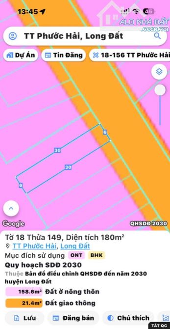 Đối diện biệt thự nghỉ dưỡng Phan Gia biển Phước Hải, dt:180m2-6x30-80 thổ cư giá 1ty5