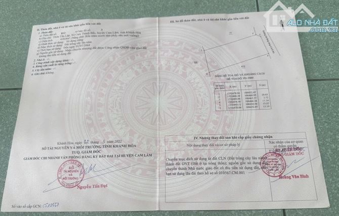 Bán lô đất thôn Tân Lập, xã Cam Thành Bắc, Cam Lâm, Khánh Hoà, qh khu giữ lại an toàn