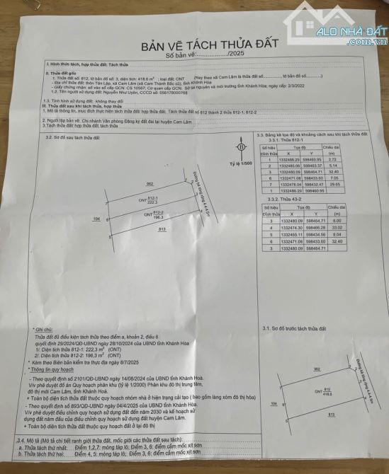 Bán lô đất thôn Tân Lập, xã Cam Thành Bắc, Cam Lâm, Khánh Hoà, qh khu giữ lại an toàn - 1