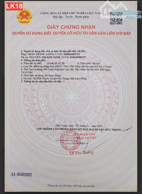 Sỡ Hữu Lô Mặt Tiền Đường Nhựa Gần Sân Bay Liên Khương – Giá Hơn 1 Tỷ – Sổ Riêng