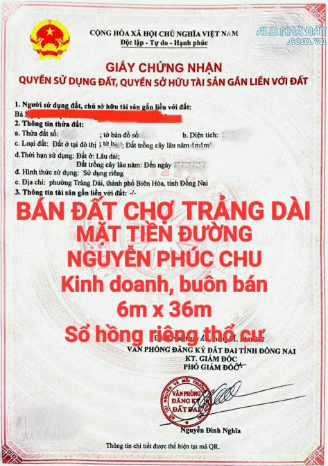 BÁN ĐẤT CHỢ TRẢNG DÀI MẶT TIỀN ĐƯỜNG NGUYỄN PHÚC CHU BUÔN BÁN SỔ HỒNG THỔ CƯ