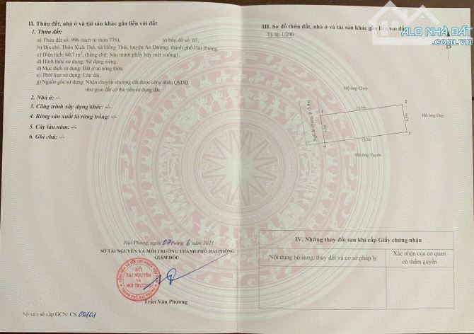 BÁN ĐẤT THỔ CƯ GIÁ RẺ – XÍCH THỔ, ĐỒNG THÁI – AN DƯƠNG. Giá chỉ 1,15 tỷ