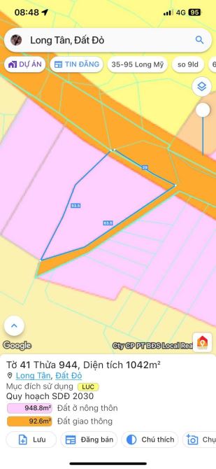 Bán Lô Đất Khu Bòn Bon- Long Tân Đất Đỏ BRVT  DT: 29x40 ( 1045m2-100m thổ cư) Lô góc 2 mặt - 6
