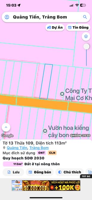 Đất nền Quảng Tiến Trảng Bom ( xã Trảng Bom Mới) 1 sẹc trục chính Bình Minh 1 tỷ 450 TL.