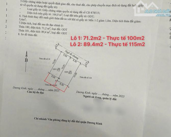 2 Lô F0 tại tổ 12 Hoà Nghĩa - Dương Kinh Giá 1 tỷ 0xx