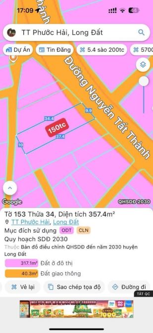 Đất trung tâm tt Phước Hải-đường Nguyễn Tất Thành-ngay chợ  Dt:357m2-10x37- sẵn 150 thổ
