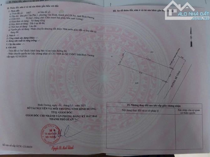 Cần bán lô đất sổ hồng riêng đường cây da tân bình dĩ an hcm
