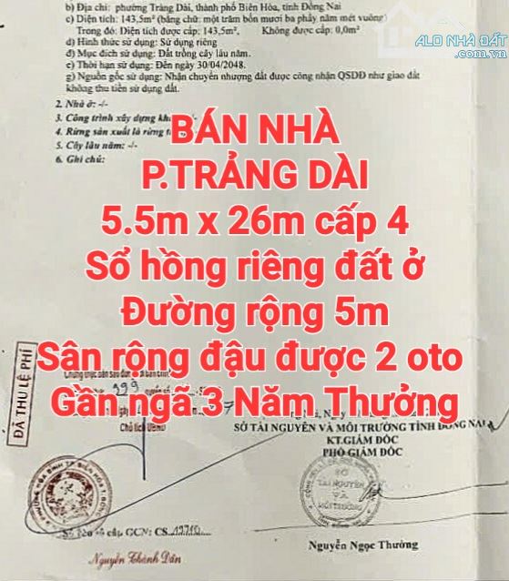 BÁN NHÀ TRẢNG DÀI, SỔ HỒNG, ĐƯỜNG RỘNG 5m, SÂN OTO GẦN NGÃ 3 5 THƯỞNG