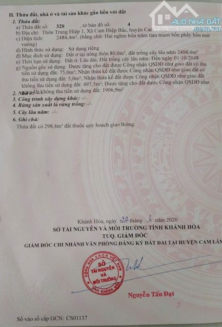 Bán lô đất mt Lập Định Suối Môn, xã Cam Hiệp Bắc, Cam Lâm, Khánh Hoà
