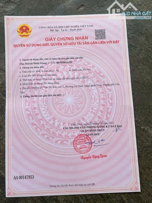 (Chủ gửi) Bán nền mặt tiền đường Lê Văn Xô, P. An Thới, Q. Bình Thuỷ, TPCT - 1