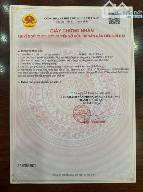 BÁN ĐẤT CÂY DA XỀ SÁT QUỐC LỘ 1K , ĐÔNG HÒA, DĨ AN, DT 116M2 GIÁ 4.15 TỈ - 2