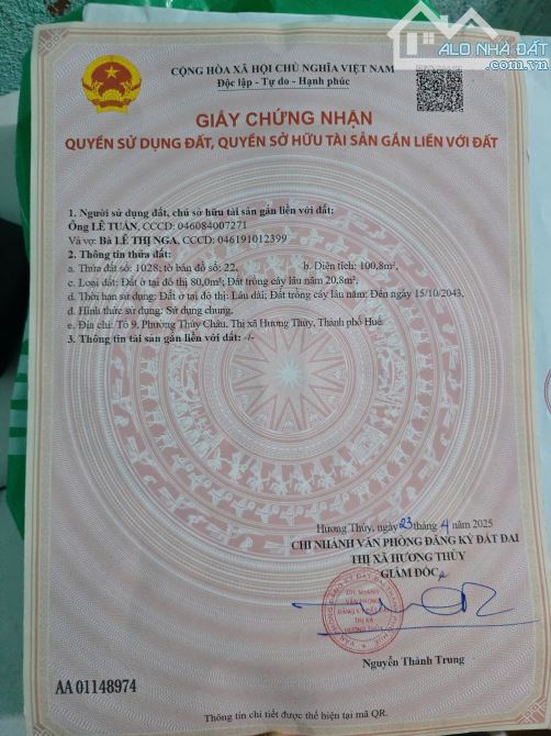 Đất kiệt ô tô Trịnh Cương, Thủy Châu, Hương Thủy Dt: 100m2 Giá: 4xxtr - 1