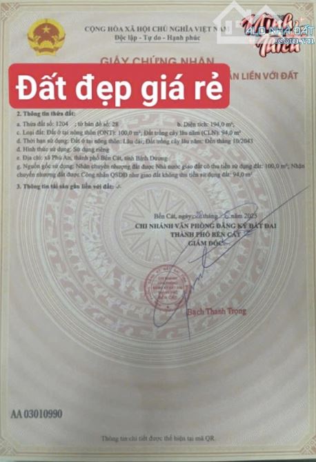 BÁN ĐẤT FO, MT DX, PHÚ AN, TP.BẾN CÁT, DT:5x39, TC100M2, SHR, GIÁ 1,290 TỶ - 5