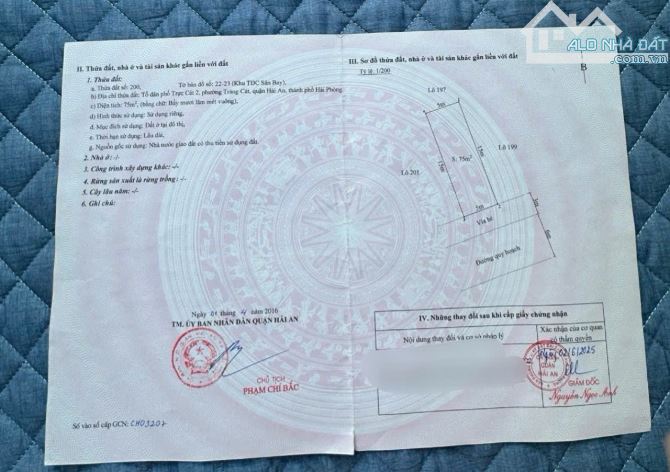 BÁN ĐẤT TÁI ĐỊNH CƯ TRÀNG CÁT HẢI AN   D.tích: 75m (ngang 5 x 15) - Hướng: ĐÔNG NAM  - Vị