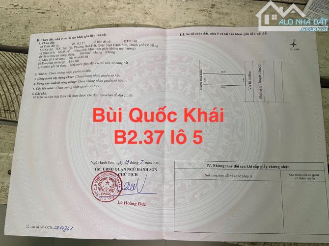BÁN ĐẤT BIỂN TÂN TRÀ Đ. 10,5m BÙI QUỐC KHÁI, CẠNH TRỤC THÔNG BIỂN, 100m2, MT 5m, 5,65 TỶ. - 4